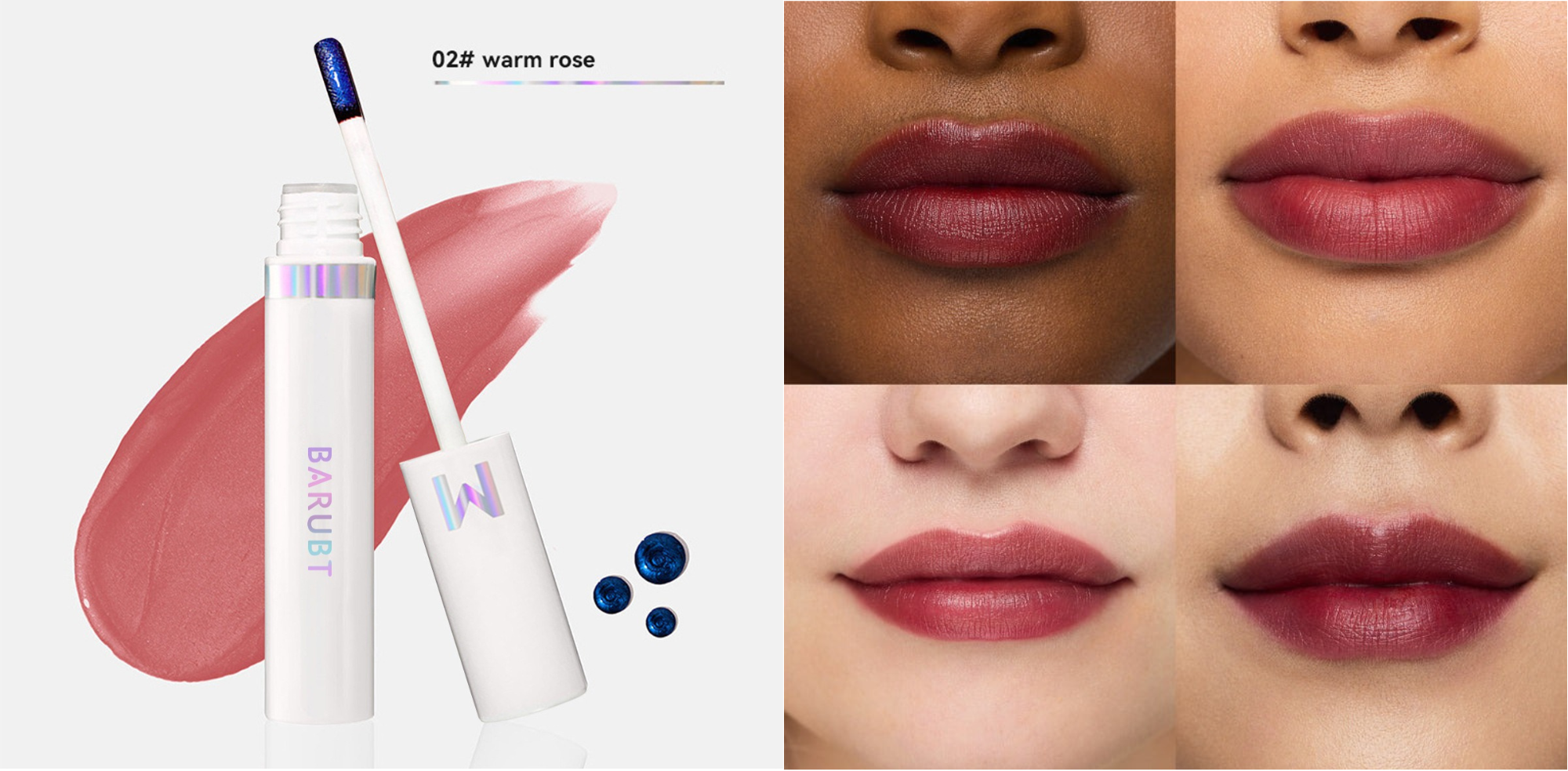 Lip tint with applicator and color swatch on a white background