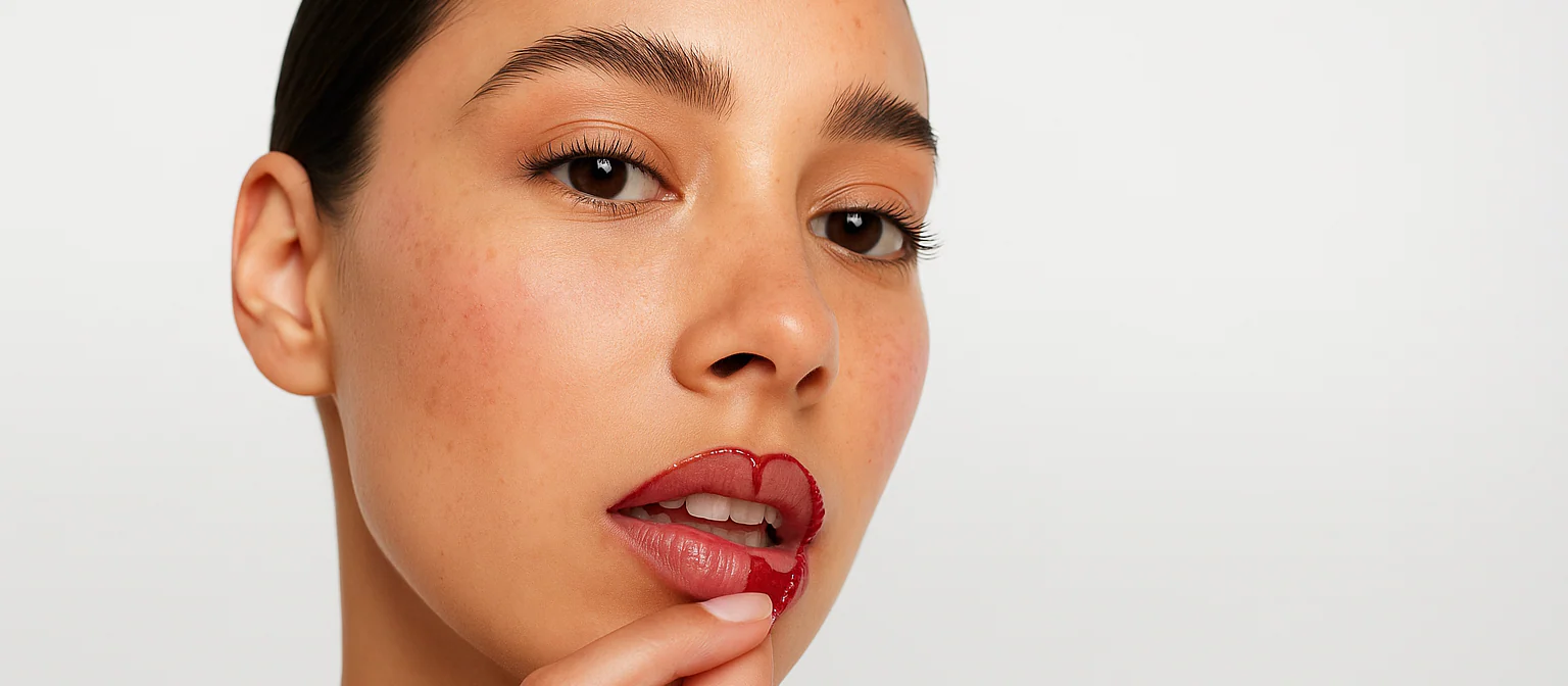 Close-up of a woman's face with a neutral background