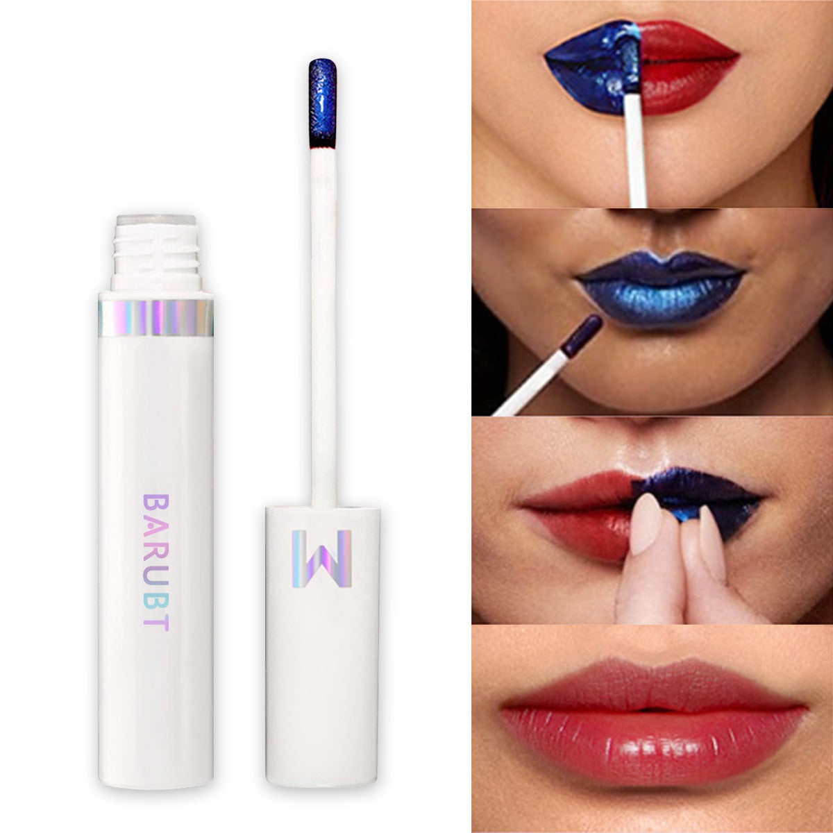 Lip gloss with applicator and close-up of lips applying the product