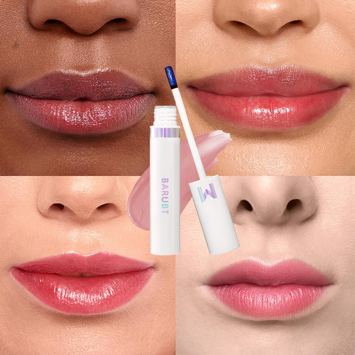 Collage of close-up shots of lips with a lip gloss applicator and product packaging.