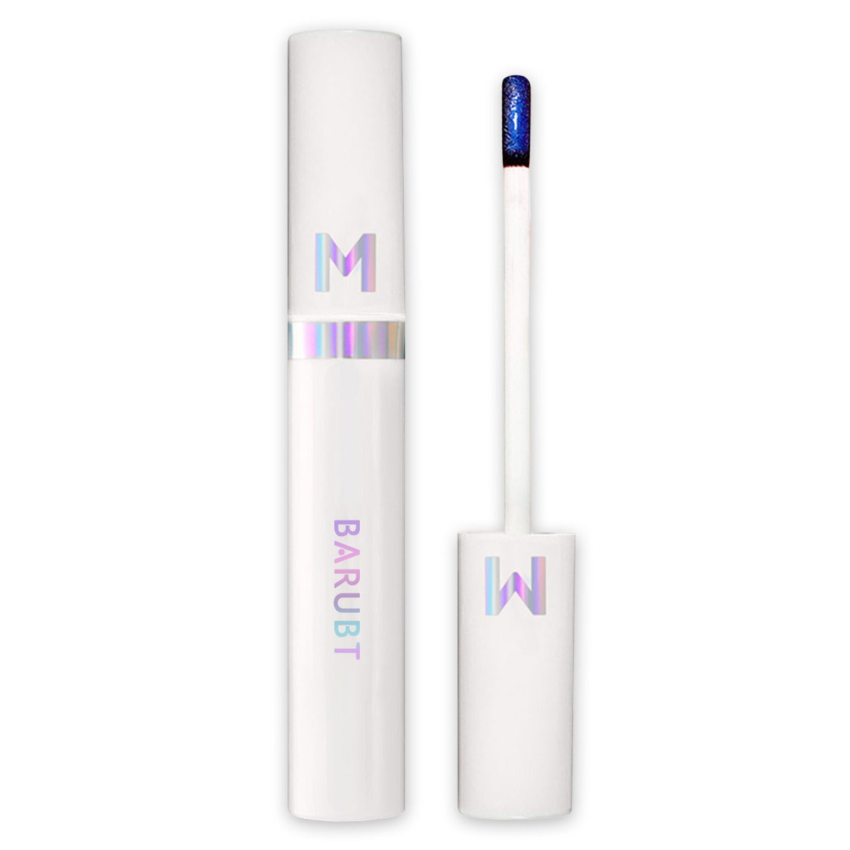 White mascara tube with blue applicator on a white background